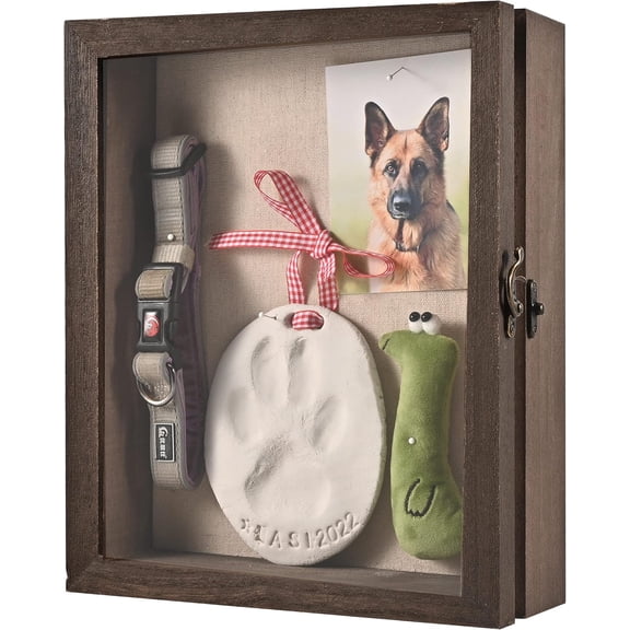 Pet Memorial Shadow Box with Clay Paw Print Impression Kit, Picture Frame Ornament as Loss Pet Keepsake and Gifts for Pet Lover
