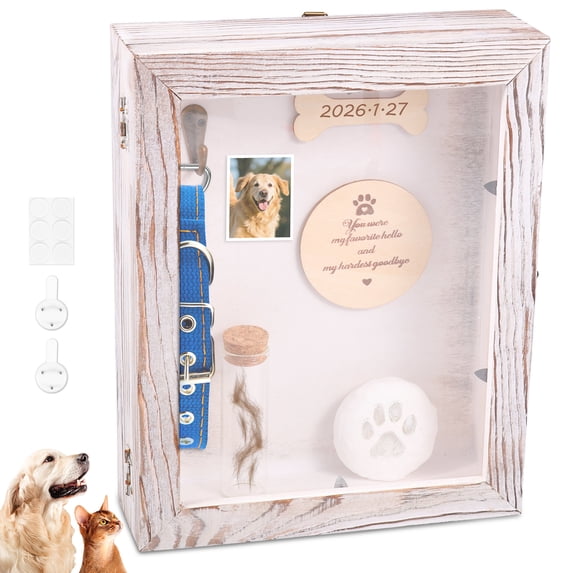 Pet Memorial Shadow Box with Picture Frame Paw Print Kit Hook Multifunctional Pet Memorial Box Present for Dog and Cat Lover