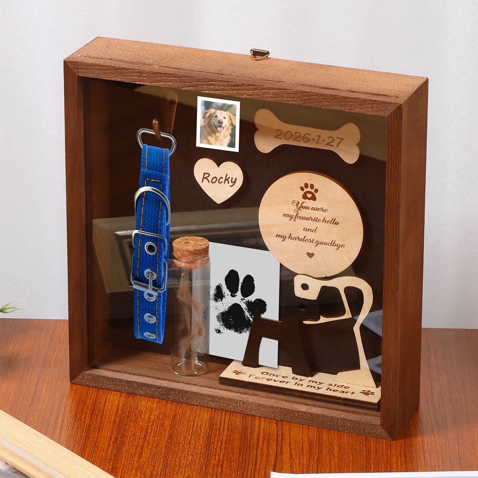 Pet Memorial Shadow Box with Picture Frame Paw Print Kit Hook ...