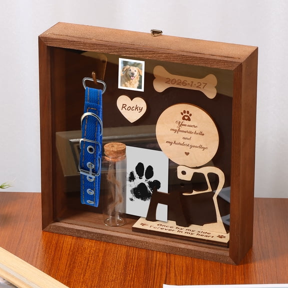 Pet Memorial Shadow Box with Picture Frame Paw Print Kit Hook Multifunctional Pet Memorial Box Present for Dog and Cat Lover