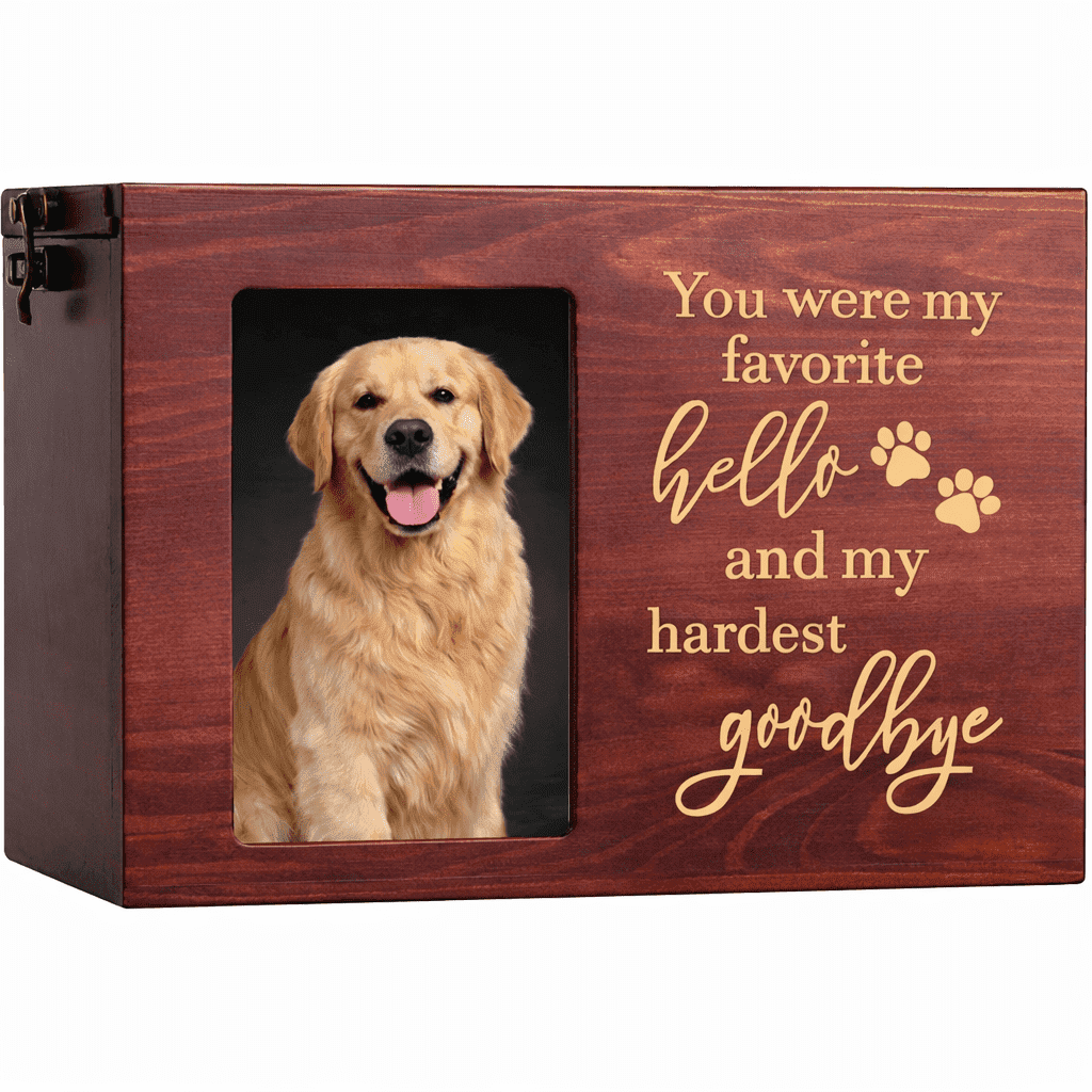 Pet Memorial Urn, Large Wooden Cremation Urn with Photo Frame, Keepsake Memory Box for Dog and Cat Ashes, Black Flannel Lining