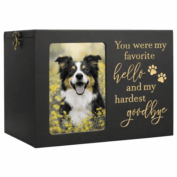 Pet Memorial Urn, Large Wooden Cremation Urn with Photo Frame, Keepsake Memory Box for Dog and Cat Ashes, Black Flannel Lining
