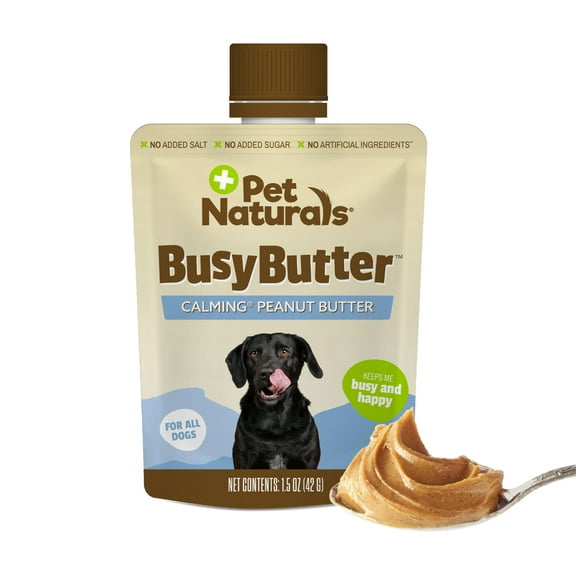 (6 pack) Pet Naturals BusyButter Easy Squeeze Calming Peanut Butter for Dogs, Great for Treats, Training, Calming, and Occupier Toys - No Added Salt or Sugar, 1.5 oz pouch