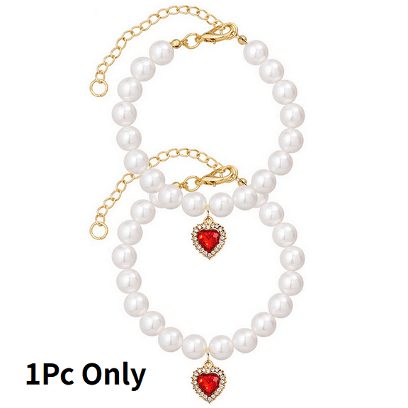 Pet Necklace Adjustable Fake Pearl Decorative Bell Charm Cat Dog Heart Necklace Collar Pet Supplies - Red,S
