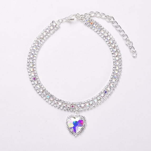 Pet Necklace, Heart Crystal Cat & Dog Collar With Pink & Blue Rhinestones, Purple Xs Size 1Pc