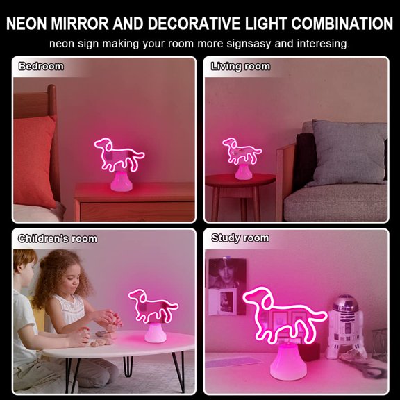 Pet Neon Light for Room Decor, USB & Battery Operated Table Lamp with Pink Dachshund Design