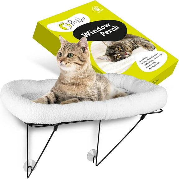 Pet Nest Cat Window Perch - Cat Window Hammock for Small Pets with Heavy Duty Metal Supporting Stand & 4 Strong Suction Cups - Pet Foldable Window Hammock Including Cat Ball Toy - White