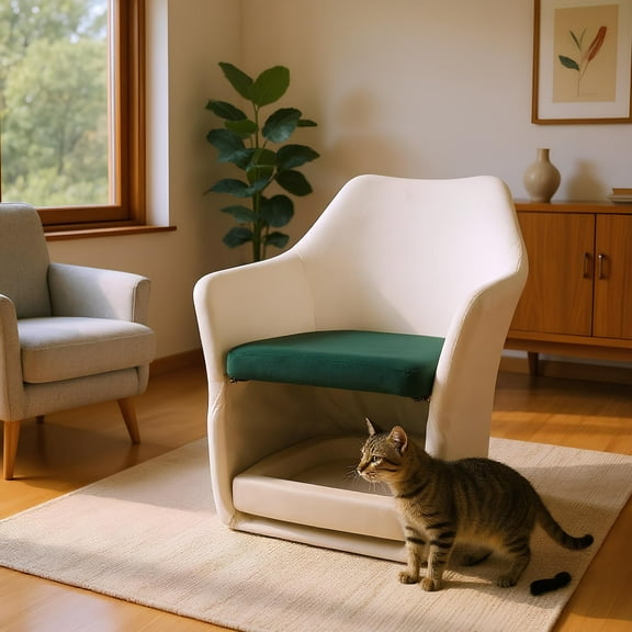 Pet Nook Chair 2-in-1 Mid-Century Modern Accent Chair, Soft Velvet Fabric Upholstered Armchair with Removable Pet Cubby Base, Ergonomic Track Arms, Easy Assembly, White (1 Pack)