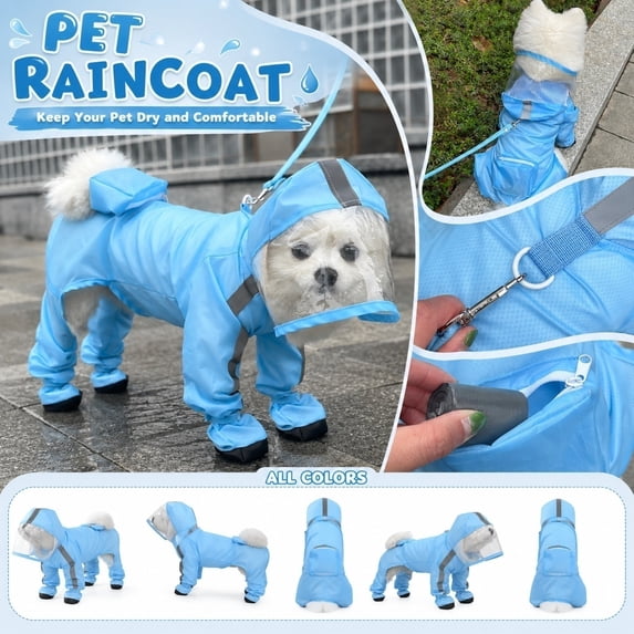 Pet Outdoor Gear, Four-Legged Dog Raincoat, Raincoat for Dogs Full Coverage with Paw Covers, Dog Rainwear for Dog Walking with Non-Slip Soles, Clear Blue Lightweight Breathable