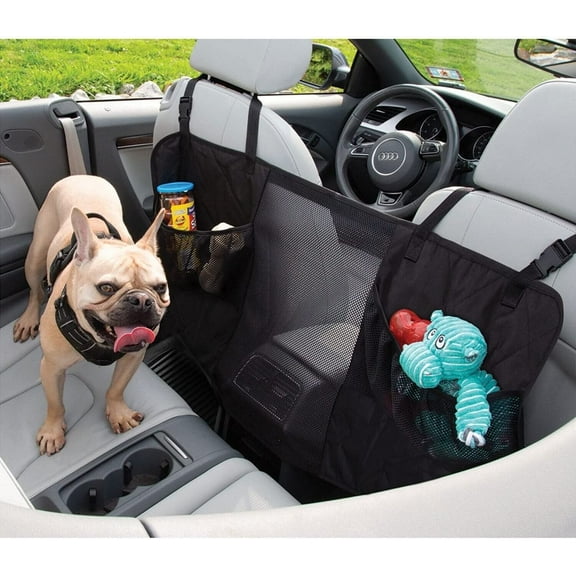 Frisky Friends Adjustable Mesh Back Seat Pet Barrier with Pockets & Storage Bag, Black