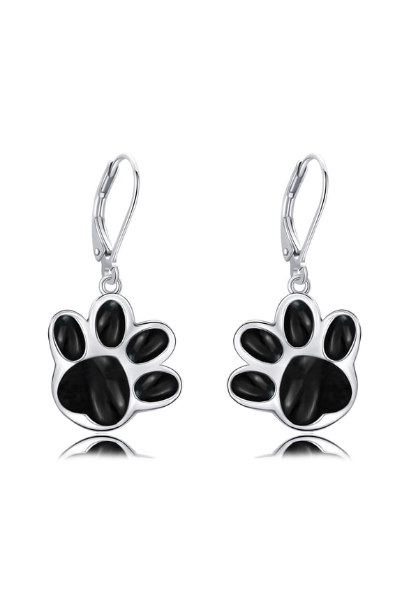 925 Sterling Silver Black Onyx Dog Cat Paw Earrings for Women