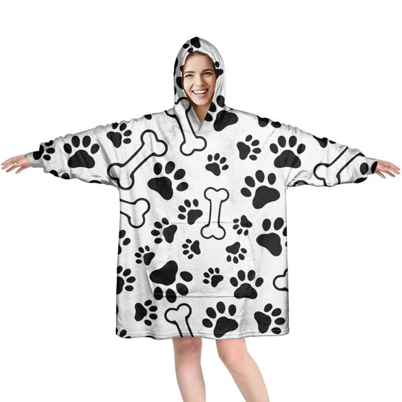 Pet Paw Print and Bone Wearable Oversized Blanket,Wearable Blanket Hoodie for Adults,Cozy Hooded Blankets with Super Pockets,Super Warm Fuzzy Pullover for Women & Men