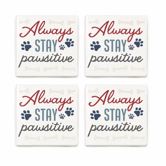 Pet Paw Print Ceramic Drink Coasters Set, 4 Pack Always Stay Pawsitive Square Absorbent Coasters with Cork Backing for Coffee Tables & Desks