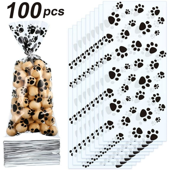 Pet Paw Print Cone Cellophane Bags Heat Sealable Treat Candy Bags Dog Gift Bags Cat Treat Bags (100 Pieces)