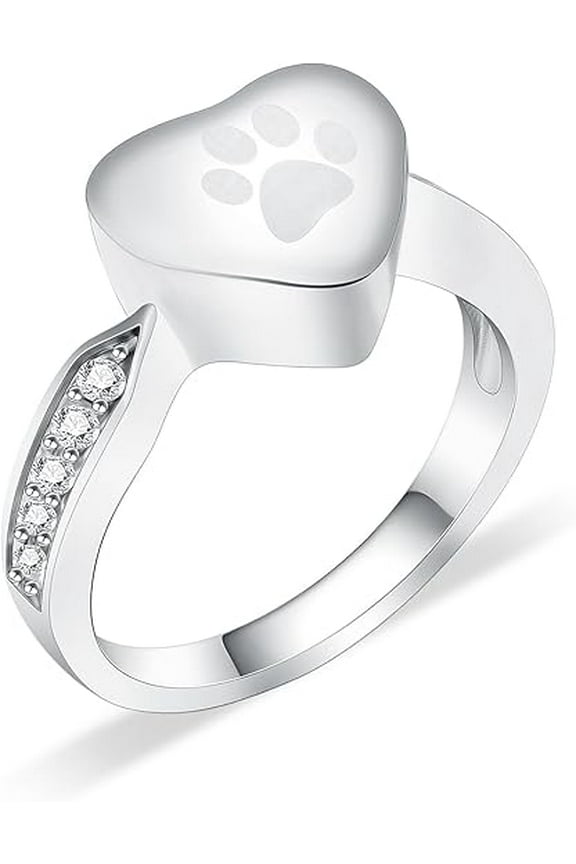 Pet Paw Print Heart Urn Ring for Pet Dog / Cat's Ashes Keepsake Memorial Tiny Jewelry Paw Print Cremation Finger Stainless Steel Memorial Ash Jewelry for Dog Cat