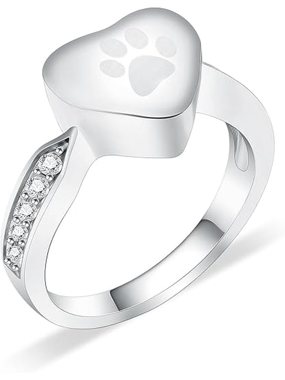 Pet Paw Print Heart Urn Ring for Pet Dog / Cat's Ashes Keepsake Memorial Tiny Jewelry Paw Print Cremation Finger Stainless Steel Memorial Ash Jewelry for Dog Cat