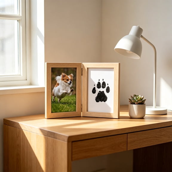 Pet Paw Print Kit with 7 Inch Double Hole Frame, Ink Free Mess Free for Cats Dogs, Complete Crafting Set for Clean Paw Imprint and Photo Display Keepsake
