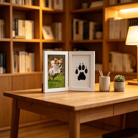 Pet Paw Print Kit with 7 Inch Double Hole Frame, Ink Free Mess Free for Cats Dogs, Complete Crafting Set for Clean Paw Imprint and Photo Display Keepsake