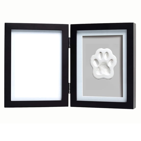 Pet Paw Print Photo Frame, DIY Memorial Keepsake Kit for Dogs and Cats, No Mess Clay Imprint for Lasting Pawprints, Double Hinged Wooden Frame Included