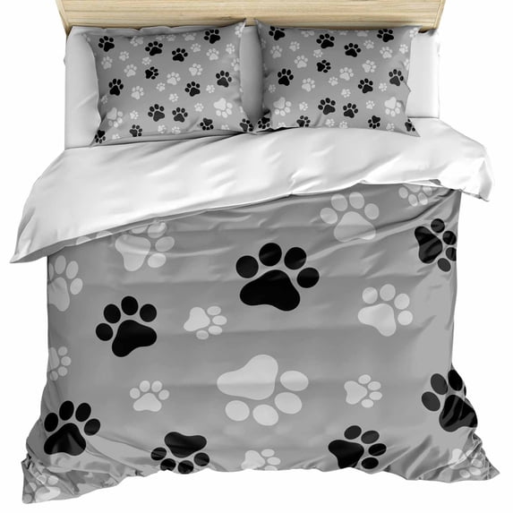 Pet Paw Printed Bedding 3 Piece Duvet Cover Set Full Size, Modern Black Grey Watercolor Dog Claws Soft Microfiber Comforter Cover with Zipper Closure & Pillowcases, FadeResistant Quilt Cover