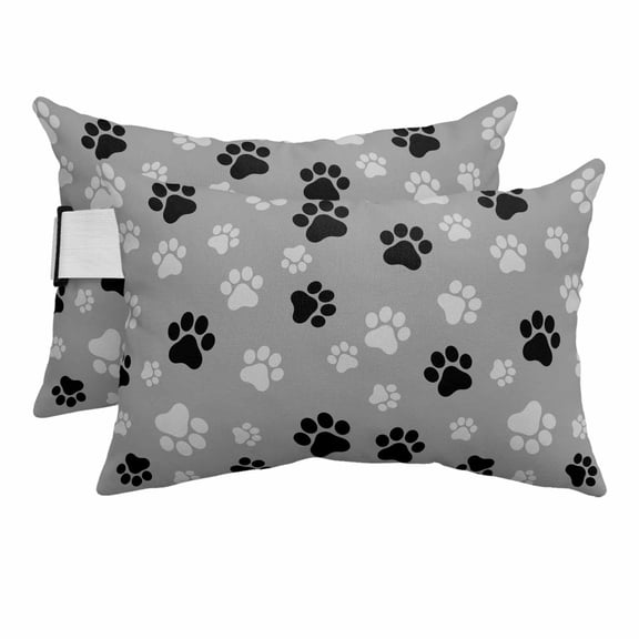 Pet Paw Printed Outdoor Pillows for Chaise Lounge Chair Beach Headrest Pillow Set of 2 Waterproof Lumbar Pillows with Insert&Strap Modern Black Grey Watercolor Dog Claws Pillow for Patio Pool 12"x20"
