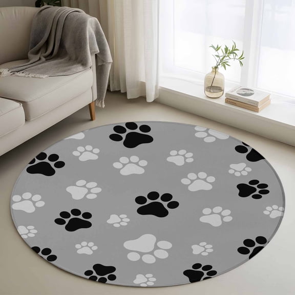 Pet Paw Printed Round Area Rug 4ft, Modern Black Grey Watercolor Dog Claws Washable Non-Slip Circle Rugs for Bedroom Living Room Kitchen, Soft Non Shedding Circle Carpet for Dining Room Dorm