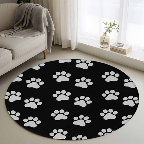 Pet Paw Printed Round Area Rug 4ft, Modern Dog Footprints Black Grey Washable Non-Slip Circle Rugs for Bedroom Living Room Kitchen, Soft Non Shedding Circle Carpet for Dining Room Dorm