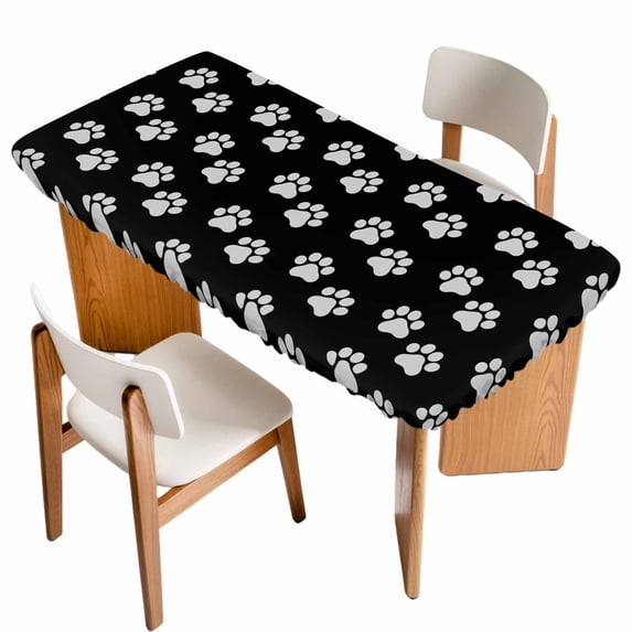 Pet Paw Printed Table Cloths for 6 Foot Rectangle Tables, Modern Dog Footprints Black Grey Patio Waterproof Elastic Fitted Tablecloths, Washable Rectangular Table Cover for Camping