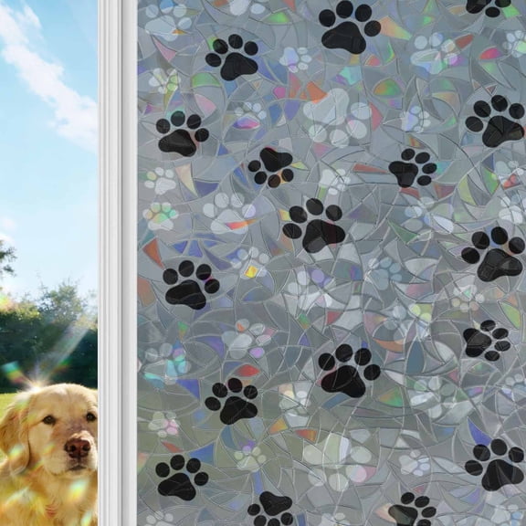Pet Paw Printed Window Privacy Film Stain Glass,Reusable Decorative Rainbow Window Film,Modern Black Grey Watercolor Dog Claws Static Cling Sun Blocking Stickers Decals Covers 19.6" x 39.3" (2pcs)