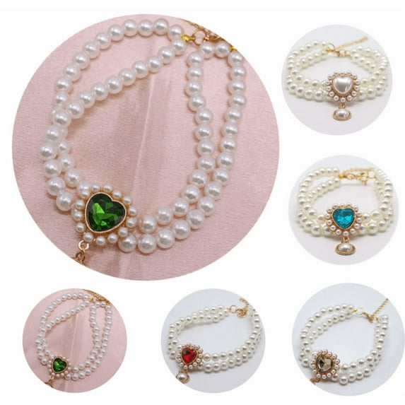 Pet Pearl Necklace Diamond Crystal Dog Pearl Necklace Collars with Bling Rhinestones Dog Cat Jewelry Set Wedding Collar for Puppy Pets - Green,S