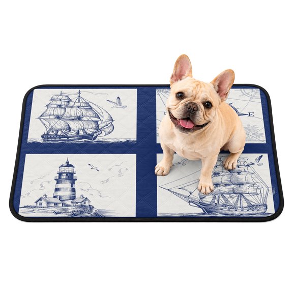 Pet Pee Pad Mat Compass Sailing Boat Waterproof Reusable Dog Potty Training Pad Lighthouse Navigation Blue Non Slip Pet Urine Mat for Indoor Potty Training Floor Protection 36x24 Inch