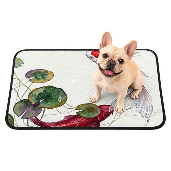 Pet Pee Pad Mat Minimalist Red Koi Fish Waterproof Reusable Dog Potty Training Pad Botanical Water Lily Sage Leaf Zen Non Slip Pet Urine Mat for Indoor Potty Training Floor Protection 24x18 Inch