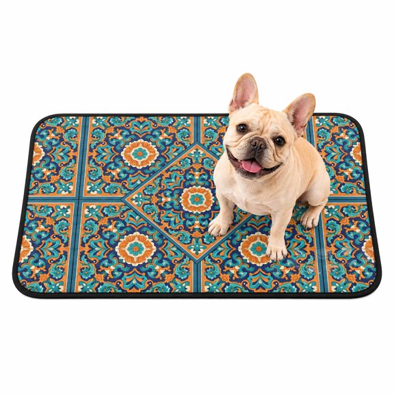 Pet Pee Pad Mat Retro Moroccan Pattern Waterproof Reusable Dog Potty Training Pad Orange Blue Bohemian Geometric Non Slip Pet Urine Mat for Indoor Potty Training Floor Protection 24x18 Inch