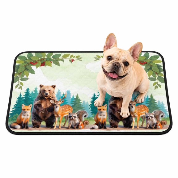 Pet Pee Pad Mat Rustic Animals Forest Waterproof Reusable Dog Potty Training Pad Bear Fox Deer Raccoon Branch Green Non Slip Pet Urine Mat for Indoor Potty Training Floor Protection 24x18 Inch
