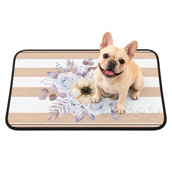 Pet Pee Pad Mat Spring Floral Waterproof Reusable Dog Potty Training Pad Country Botanical Shells Sandy White Stripes Non Slip Pet Urine Mat for Indoor Potty Training Floor Protection 24x18 Inch