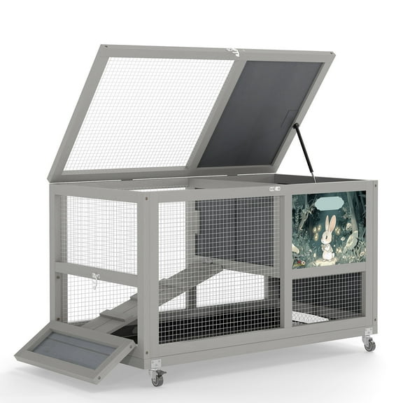 Pet Pens & Hutches 2-Tier Bunny Hutch, Wood Rabbit Cage on Wheels with Openable Roof, Ramp, Easy-to-Clean Tray, Guinea Pig Pet House for Small Animals, Gray with Colorful Patterns,Dog Pens