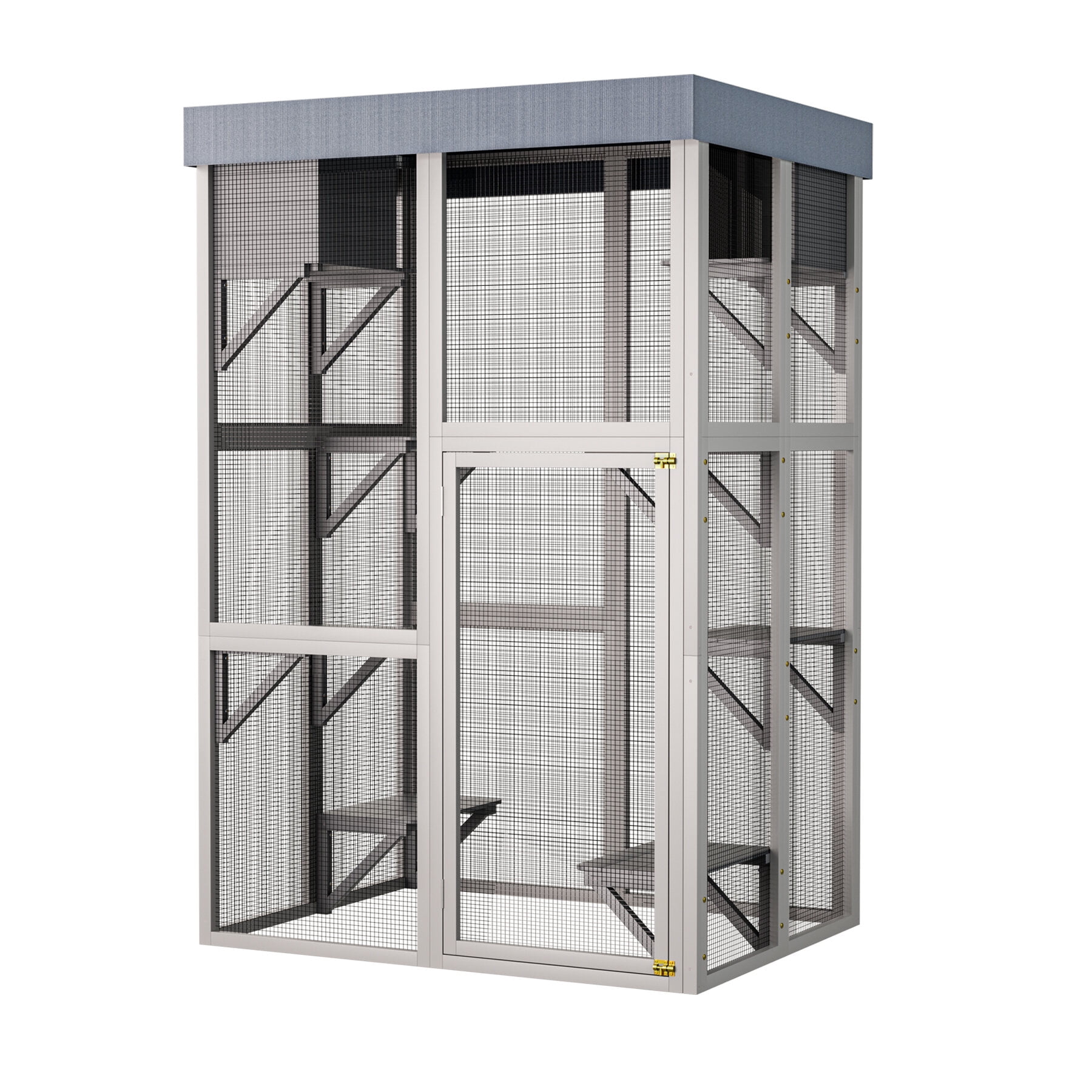 Pet Pens & Hutches 70.5＂ Tall Wooden Catio Outdoor Cat Enclosure, Gray Cat House Large Solid Wood Cage Playpen with 6 Jumping Platforms & 2 Napping Houses, Movable tarp cover,Dog Pens