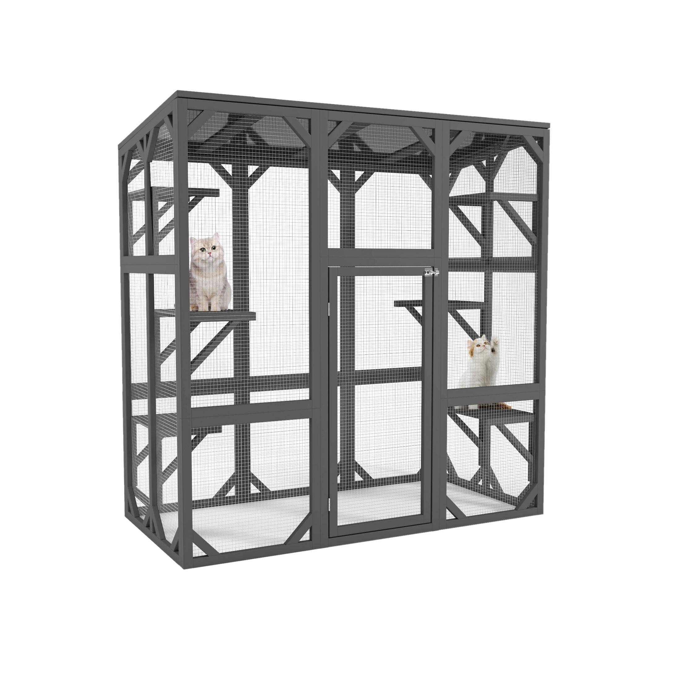 Pet Pens & Hutches Catio Outdoor Cat Enclosure Cat House Wooden Cat Cage Large Feral Cat Shelter for Mulitiple Cats with Six Platforms, Large Enter Door, Waterproof Roof 60" Grey,Dog Pens