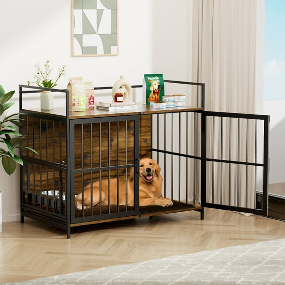 Pet Pens & Hutches Dog Cage Furniture with Cushion, Dog Kennel Indoor with Rotating Feeder Bowls, Heavy Duty Indoor Puppy Cage Kennel for Medium to Large Dogs, 41" L X 23.6" W 35.8" H, Brown,Dog Pens