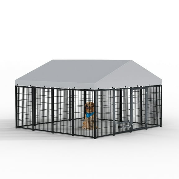 Pet Pens & Hutches Large Dog Kennel Outdoor Pet Pens Dogs Run Enclosure Animal Hutch Metal Coop Fence with Roof Cover. 9.62'L x 9.35'W x 6.18'H.,Dog Pens