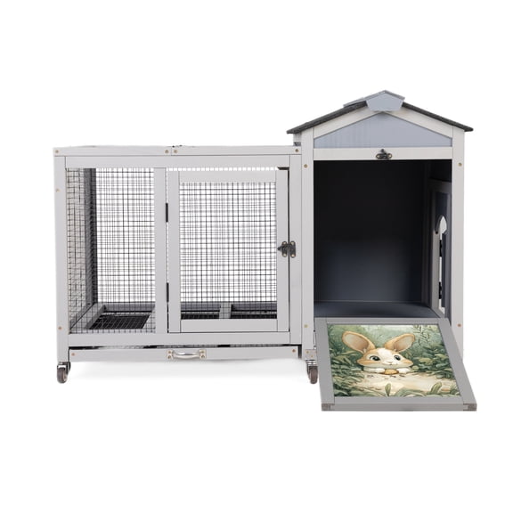 Pet Pens & Hutches Wooden Rabbit Hutch, Indoor & Outdoor Small Animal House with Casters, Weatherproof Roof, Removable Tray, Bunny Cage Pet House for Rabbits, Ducks, Squirrels, and Guinea Pigs, Grey