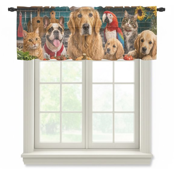 Pet Photography Sheer Valances for Windows, Rustic Culinary Kitchen Golden Retriever Shabby Chic Semi Sheer Kitchen Valance Rod Pocket Small Voile Window Curtains for Living Room Bedroom 42 x 12 Inch