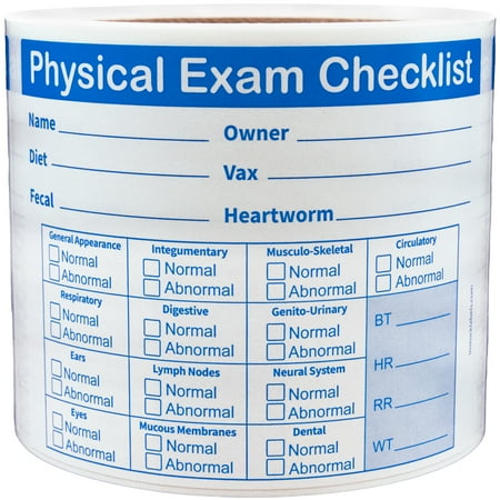 Pet Physical Exam Checklist Veterinarian Labels | 3? x 4? - 500 Pack