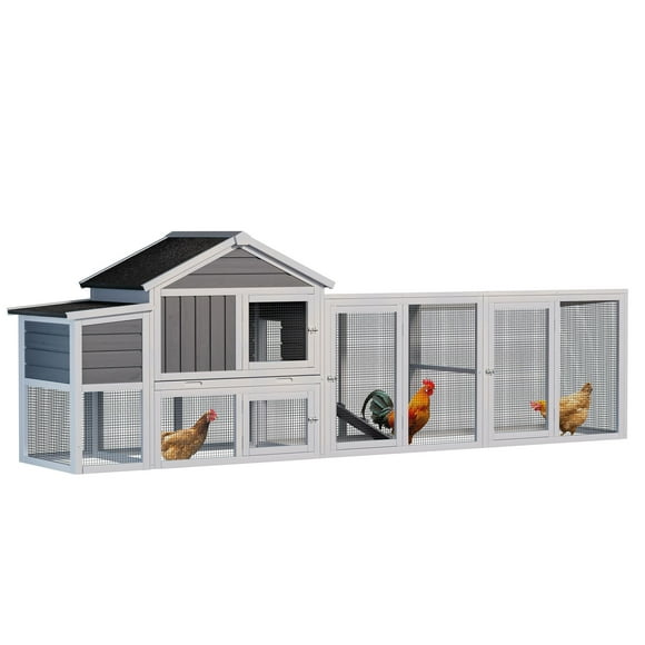 Pet Playpen 113.5" Gray Large Wooden Chicken Coop Outdoor Hen House with Run, Waterproof Anti-UV Panel & Nesting Box, Secure Lock, Removable Tray for 2–4 Chickens or Small Animals,Dog Crate