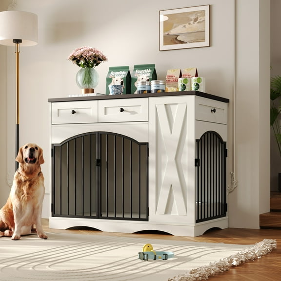 Pet Playpen GO 43.3" Farmhouse Dog Crate Furniture, Heavy Duty Dog Crate with 3 Drawers, Indoor Wooden Dog Kennel with Removable Feeder, Dog Cage End Table for Medium Large Dogs, White,Dog Crate