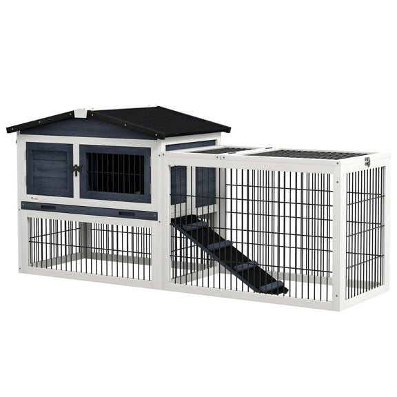 Pet Playpen PawHut 2 Levels Outdoor Rabbit Hutch with Openable Top, 59" Wooden Large Rabbit Cage with Run Weatherproof Roof, Removable Tray, Ramp, Dark Gray,Dog Crate
