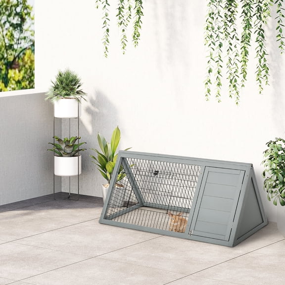 Pet Playpen PawHut 46" x 24" Wooden A-Frame Outdoor Rabbit Cage Small Animal Hutch with Outside Run & Ventilating Wire, Grey,Guinea Pig Cage