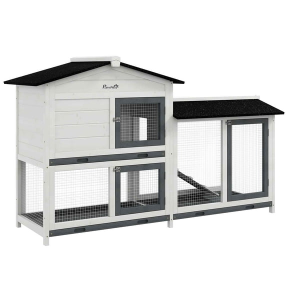 Pet Playpen PawHut 62" Rabbit Hutch, Wooden Bunny Hutch, Guinea Pig Cage, Small Animal Enclosure with Run Area, Removable Tray, Asphalt Roof, Lockable Doors and Ramp, White,Guinea Pig Cage