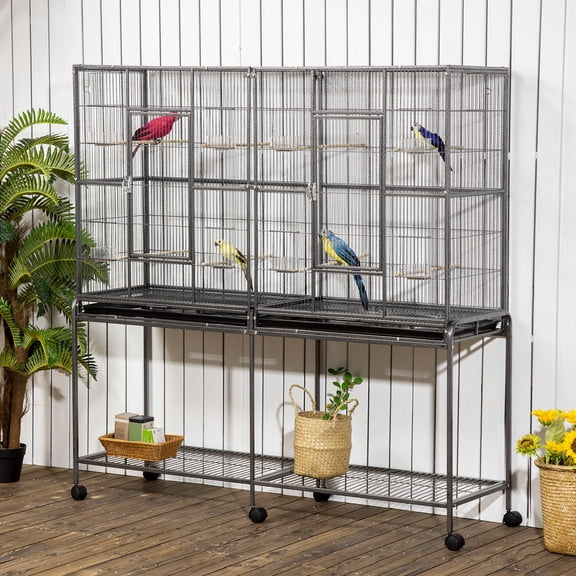 Pet Playpen PawHut 65" Double Rolling Metal Bird Cage Feeder with Detachable Rolling Stand, Storage Shelf, Wood Perch & Food Container,Guinea Pig Cage