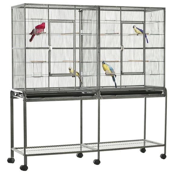 Pet Playpen PawHut 65" Double Rolling Metal Bird Cage Feeder with Detachable Rolling Stand, Storage Shelf, Wood Perch & Food Container,Dog Crate